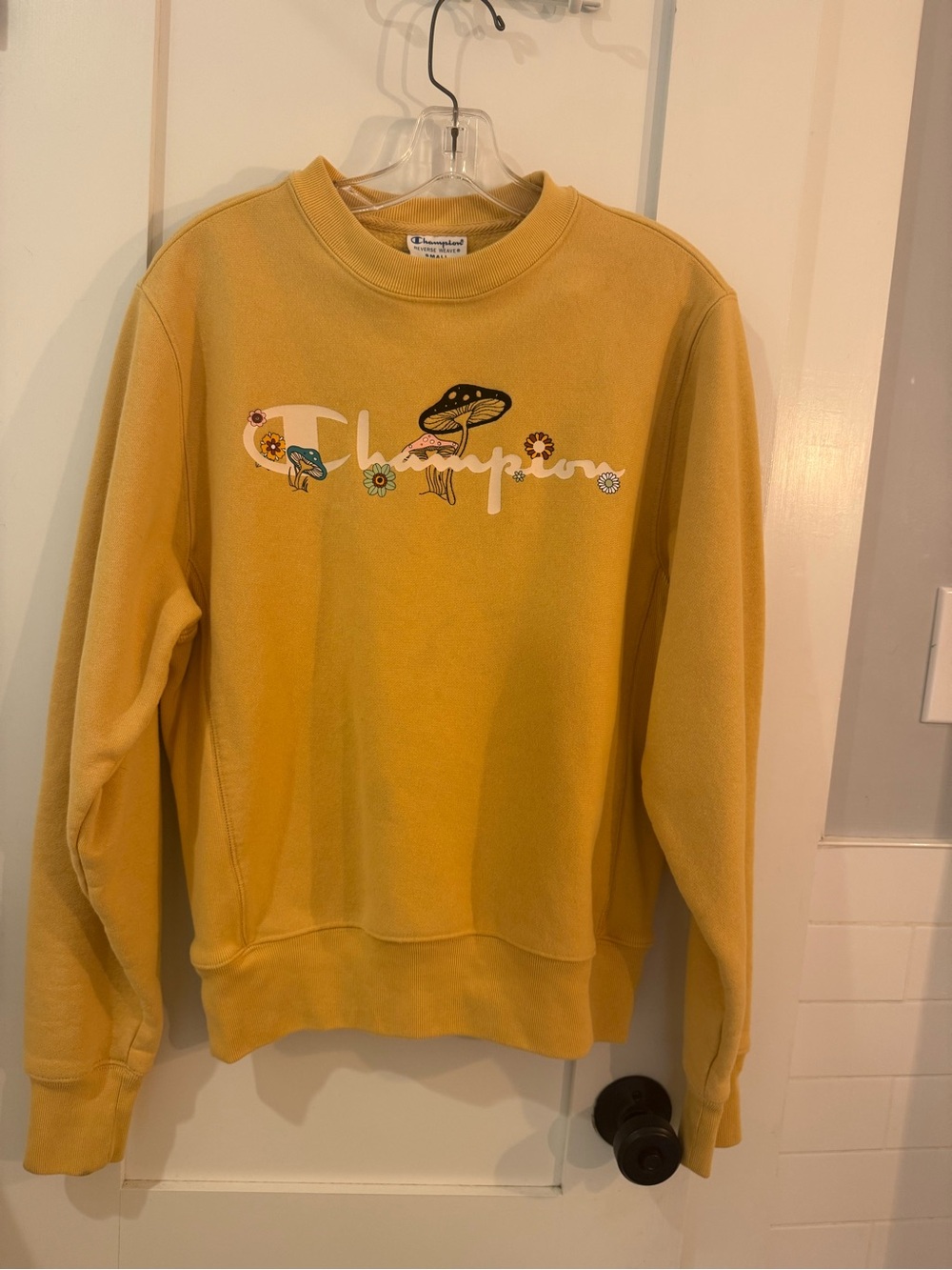 Champion Yellow Crewneck with Floral & Mushroom Script